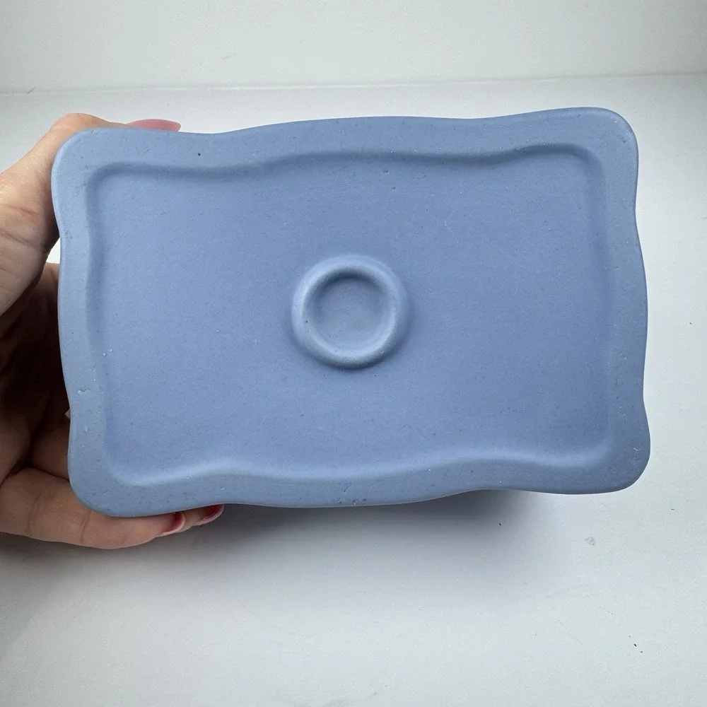 Jasperware Japan Lidded Jewelry Trinket Box Blue 5.5in Woman Cherub Vanity